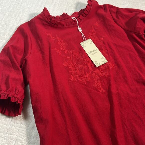 Komili Tops - New! Komili romantic red embroidered ruffle neck puff sleeves feminine top L